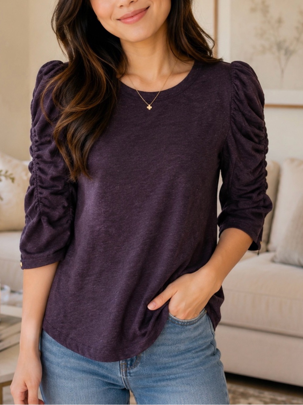 Democracy Ruched Sleeve Shirt, Size Small Petite, New With Tags